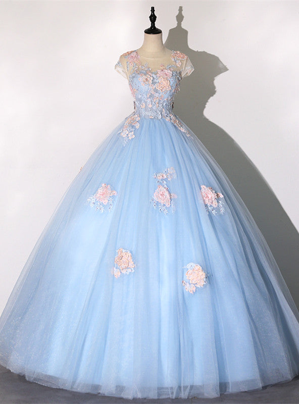 Blue Tulle Appliques Cap Sleeve Quinceanera Dress