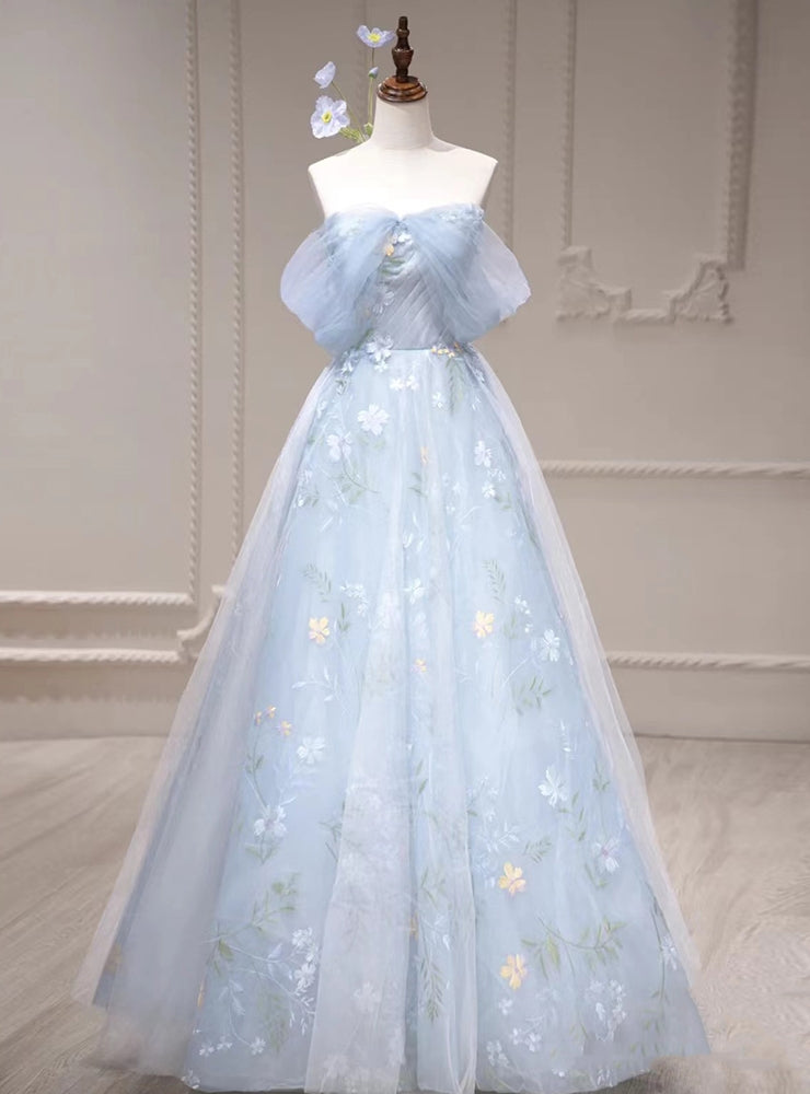 Blue Tulle Flower Off the Shoulder Prom Dress