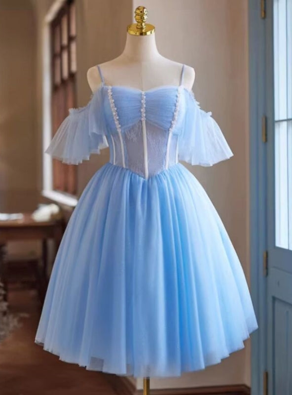 Blue Tulle Lace Spaghetti Straps Pleats Homecoming Dress