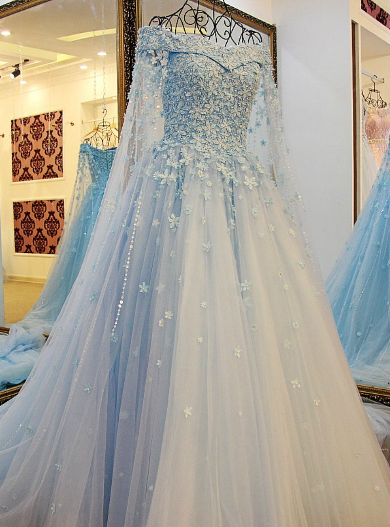 Blue Tulle Off The Shoulder Appliques Beading Wedding Dress