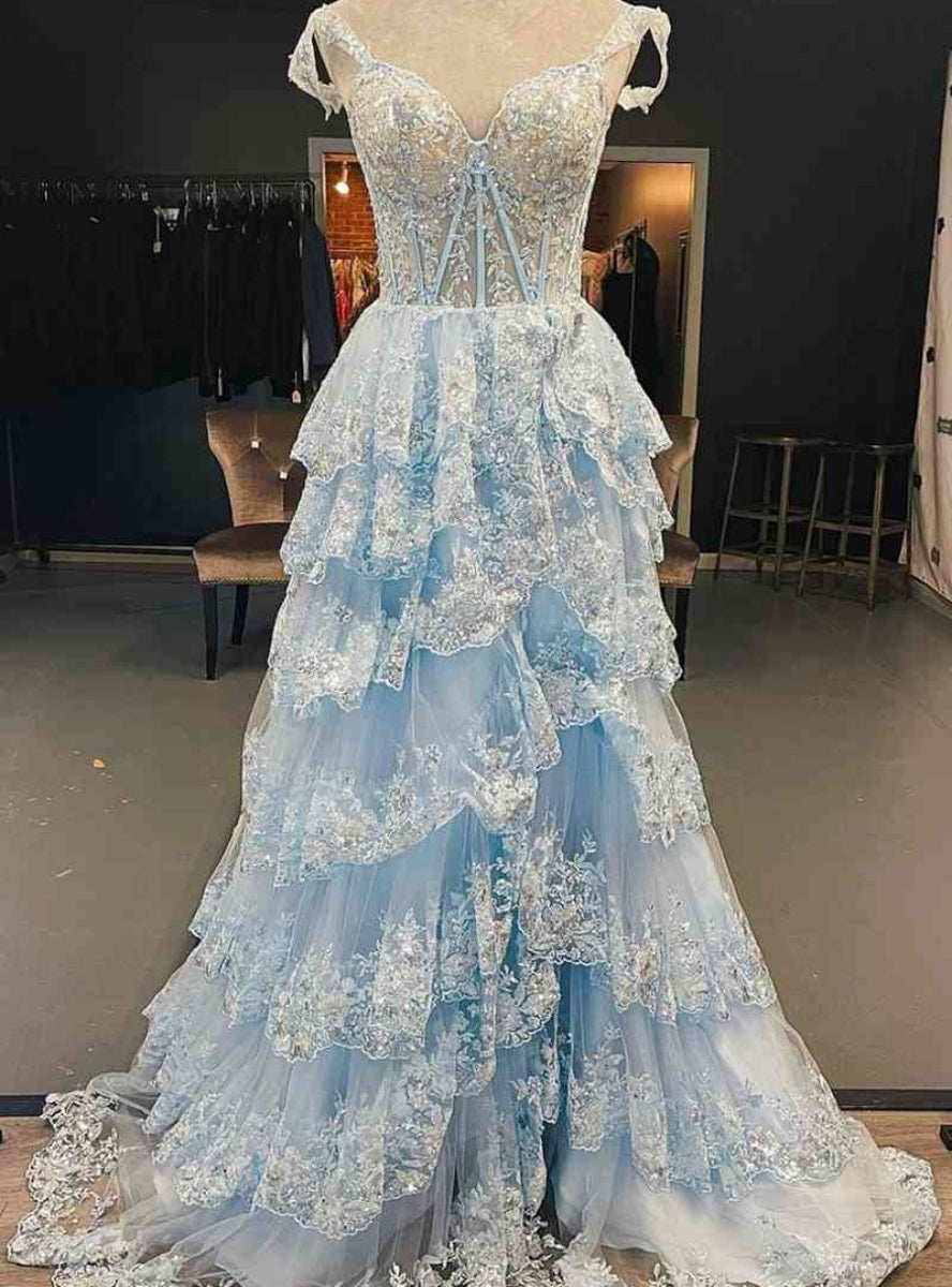 Blue Tulle Off the Shoulder Sequins Appliques Prom Dress