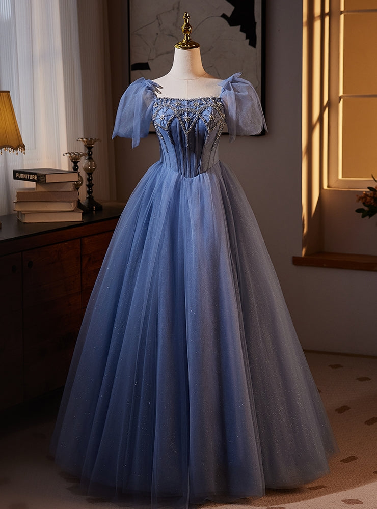 Blue Tulle Puff Sleeve Beading Prom Dress