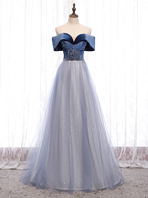 Blue Tulle Sequins Beading Off the Shoulder Prom Dress