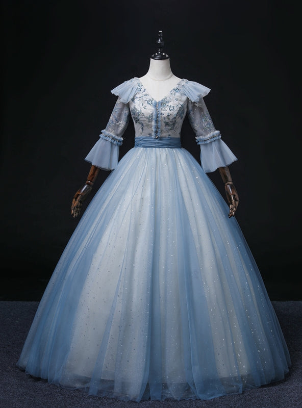 Blue Tulle Sequins Embroidery Short Sleeve Quinceanera Dress