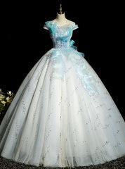 Blue Tulle Sequins Off the Shoulder Appliques Quinceanera Dress