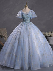 Blue Tulle Sequins Puff Sleeve Beading Quinceanera Dress