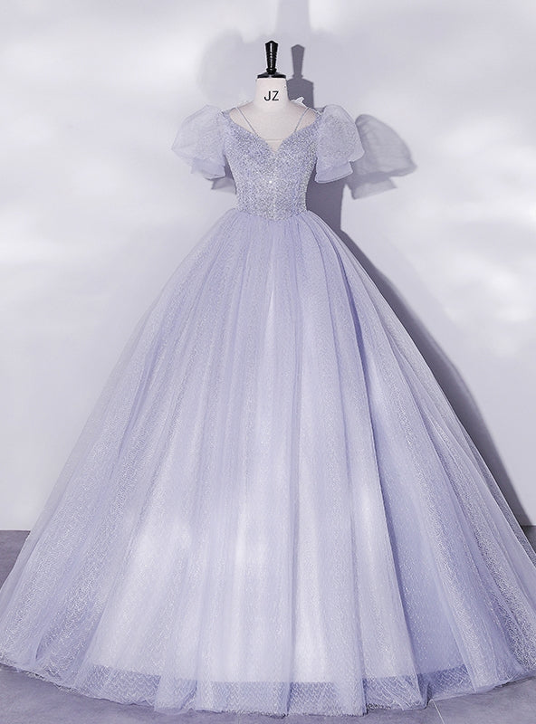 Blue Tulle Sequins Puff Sleeve Quinceanera Dress