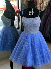 Blue Tulle Sequins Spaghetti Straps Homecoming Dress