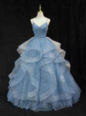 Blue Tulle Sequins Spaghetti Straps Pleats Prom Dress