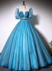 Blue Tulle Short Sleeve Backless Quinceanera Dress