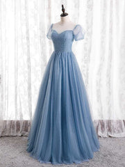 Blue Tulle Short Sleeve Scoop Neck Prom Dress