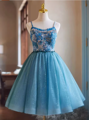 Blue Tulle Spaghetti Straps Oil Painting Pattern Homecoming Dress