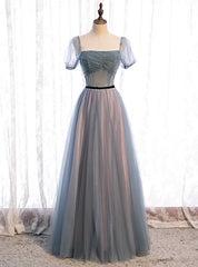 Blue Tulle Square Short Sleeve Pleats Beading Prom Dress