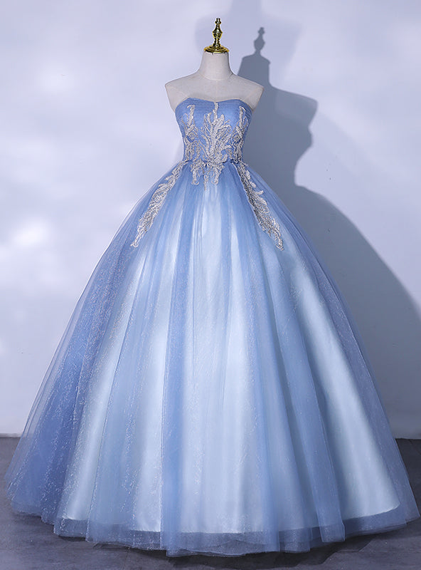 Blue Tulle Strapless Appliques Quinceanera Dress