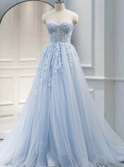 Blue Tulle Sweetheart Neck Appliques Prom Dress