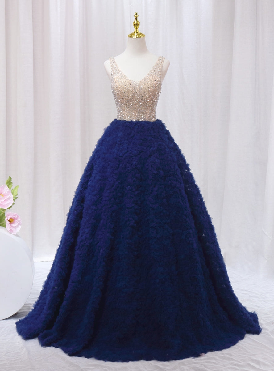 Blue Tulle V-neck Tiers Beading Prom Dress