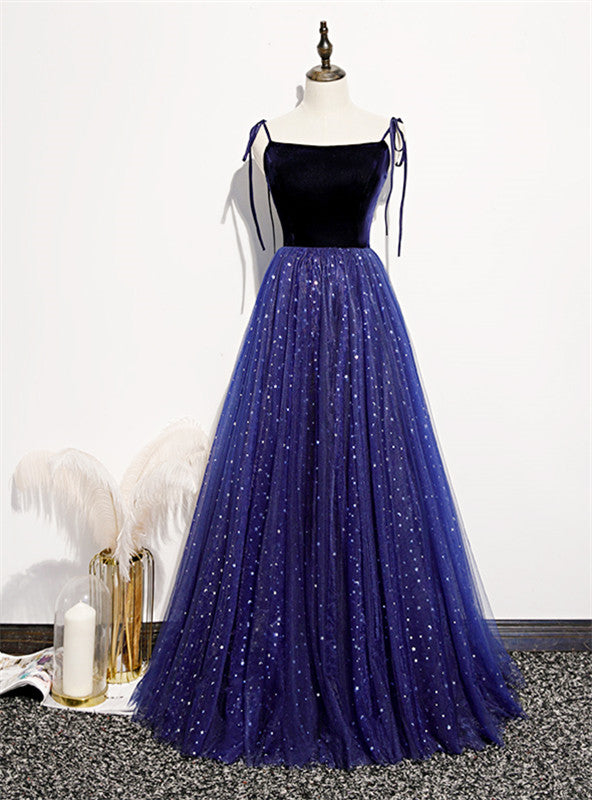 Blue Tulle Velvet Star Sequins Spaghetti Straps Prom Dress