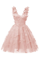 Blush Pink 3D Butterfly Lace Applique Tulle Homecoming Dress for Teens Sweetheart Mini Short Prom Dresses