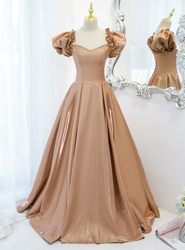 Brown Satin Puff Sleeve Beading Prom Dress