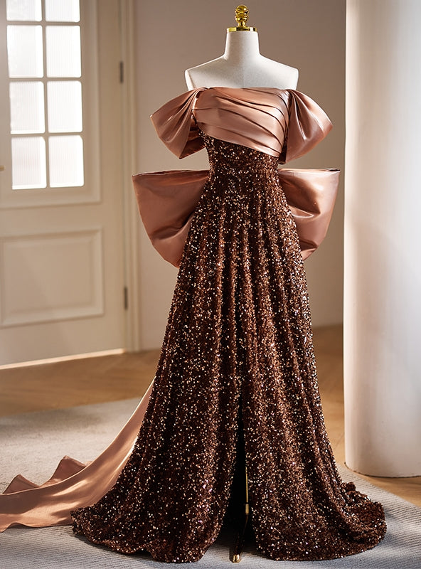 Brown Sequins Satin Pleats Prom Dress With Bow