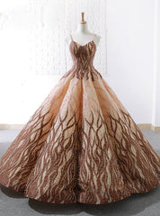 Brown Vintage Ball Gown Spaghetti Straps Wedding Dress With Pearls