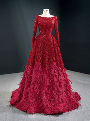 Burgundy Ball Gown Sequins Long Sleeve Feather Prom Dress