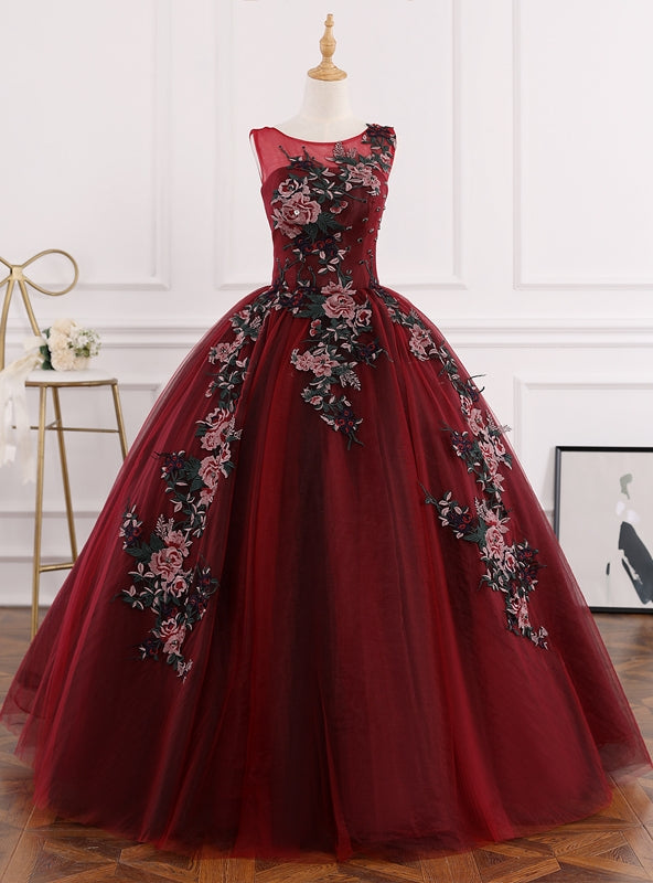 Burgundy Ball Gown Tulle Appliques Quinceanera Dress