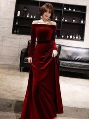 Burgundy Classic Evening Dresses Velvet Long Sleeve Off Shoulder Prom Dresses