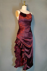 Burgundy Homecoming Dresses Vintage Backless Ruffle Asymmetrical Midi Length Party Dress