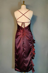 Burgundy Homecoming Dresses Vintage Backless Ruffle Asymmetrical Midi Length Party Dress