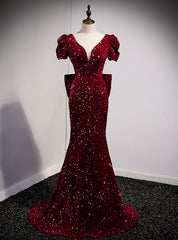 Burgundy Mermaid Sequins V-neck Prom Dress With Bow