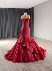 Burgundy Mermaid Strapless Tiers Prom Dress