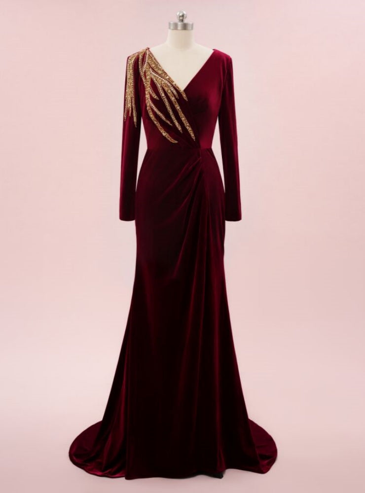 Burgundy Mermaid Velvet Long Sleeve Beading Prom Dress