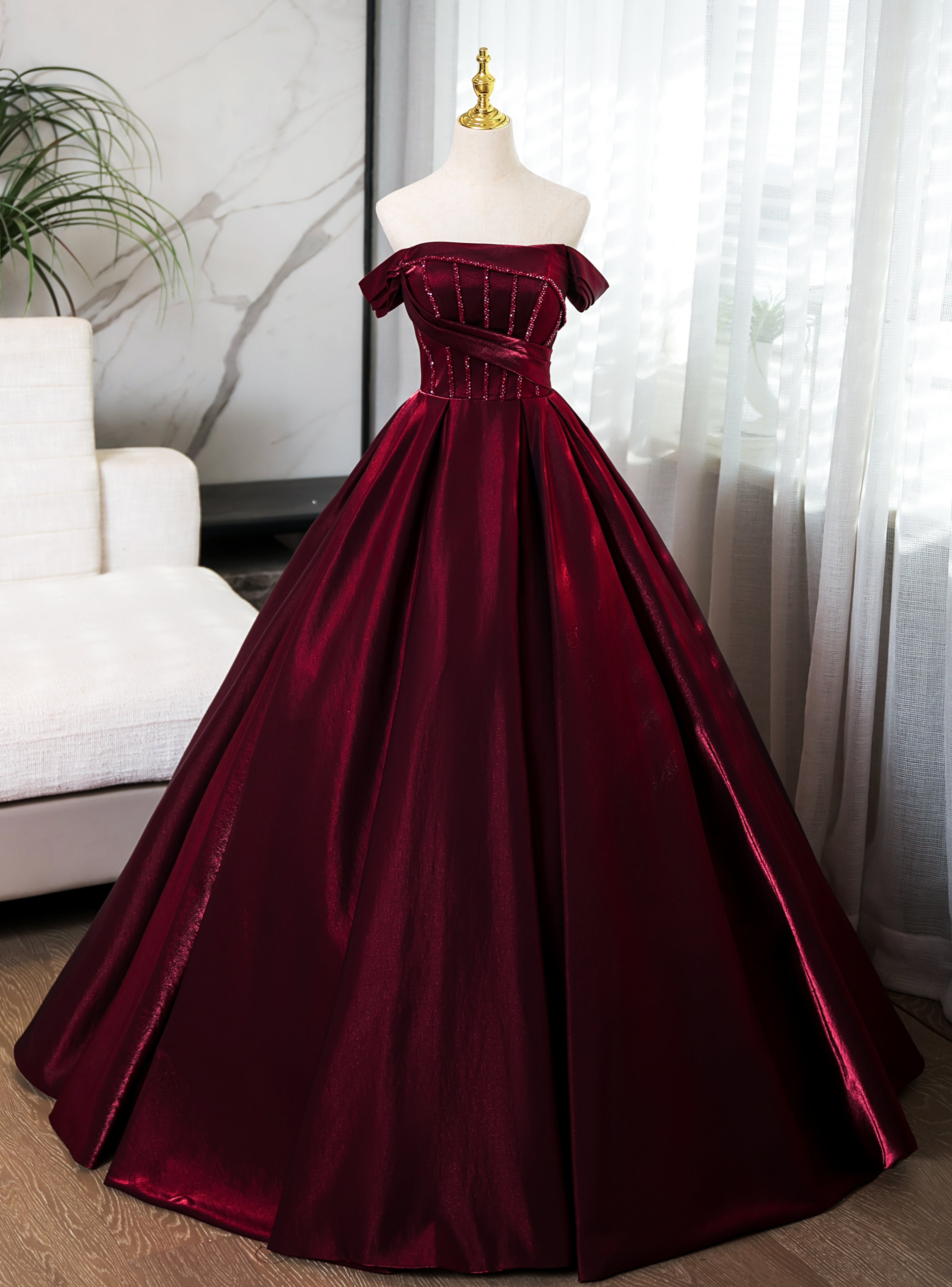 Burgundy Off the Shoulder Beading Quinceanera Dress