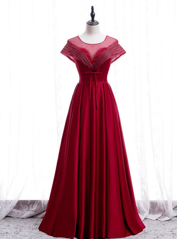 Burgundy Satin Backless Cap Sleeve Beading Pleats Prom Dress