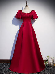 Burgundy Satin Backless Puff Sleeve Beading Prom Dress