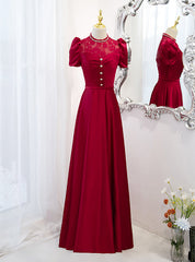 Burgundy Satin Lace Puff Sleeve Backless Prom Dress