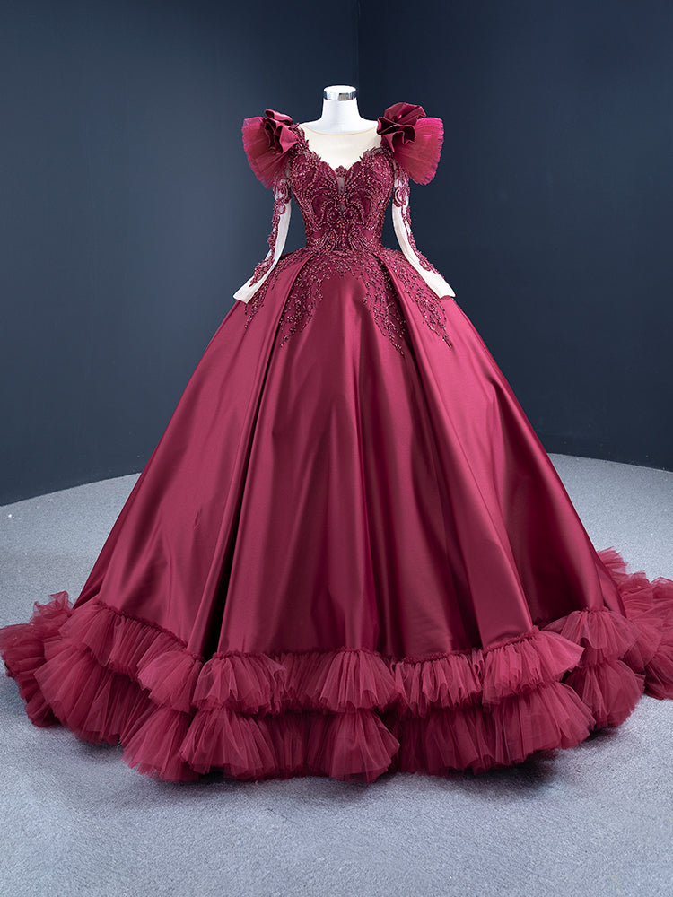 Burgundy Satin Long Sleeve Beading Prom Dress