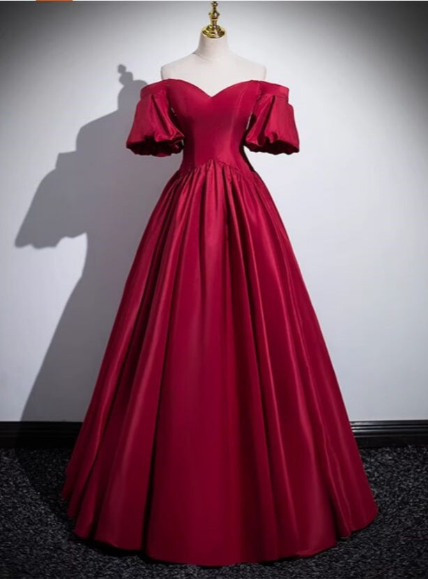 Burgundy Satin Puff Sleeve Prom Dress