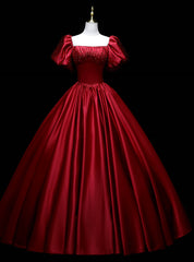 Burgundy Satin Sequins Puff Sleeve Quinceanera Dress