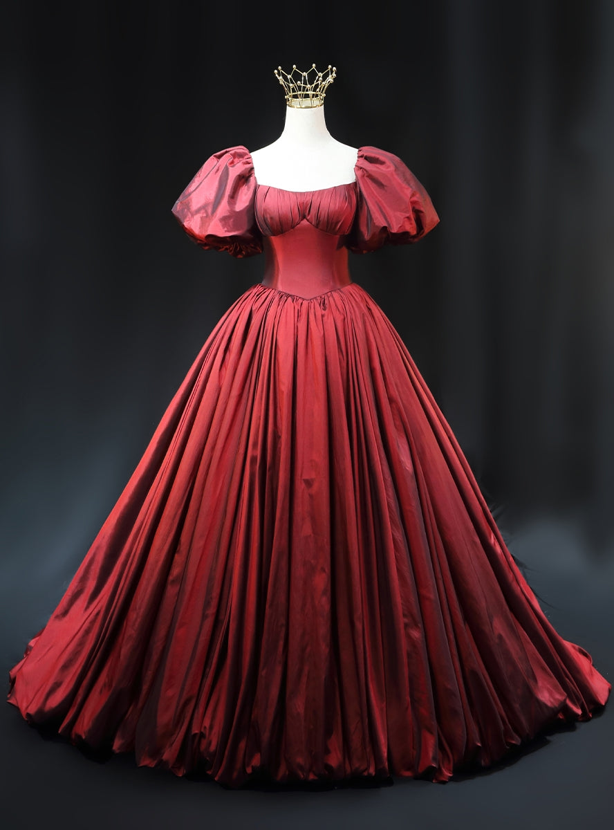 Burgundy Satin Square Puff Sleeve Pleats Prom Dress