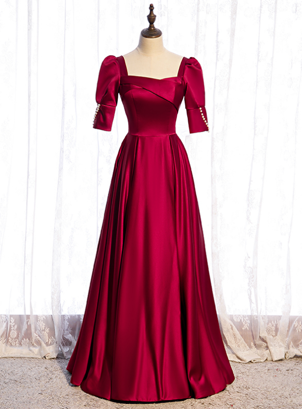 Burgundy Satin Square Short Sleeve Pearls Prom Dress