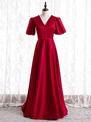 Burgundy Satin V-neck Backless Short Sleeve Prom Dress