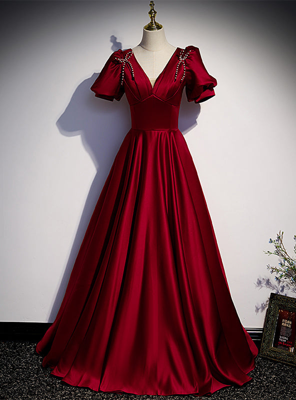 Burgundy Satin V-neck Beading Puff Sleeve prom Dress