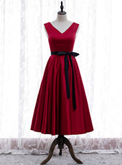 Burgundy Satin V-neck Tea Length Prom Dress With Sash