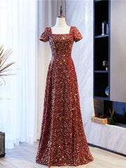 Burgundy Sequins Square Short Sleeve Prom Dress