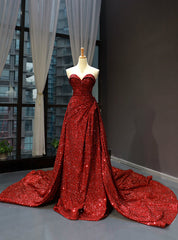 Burgundy Sequins Sweetheart Pleats Prom Dress With Long Train