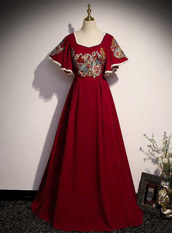 Burgundy Square Short Sleeve Embroidery Appliques Prom Dress