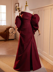 Burgundy Strapless Pleats Split Prom Dress