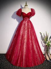 Burgundy Tulle Sequins Puff Sleeve Prom Dress